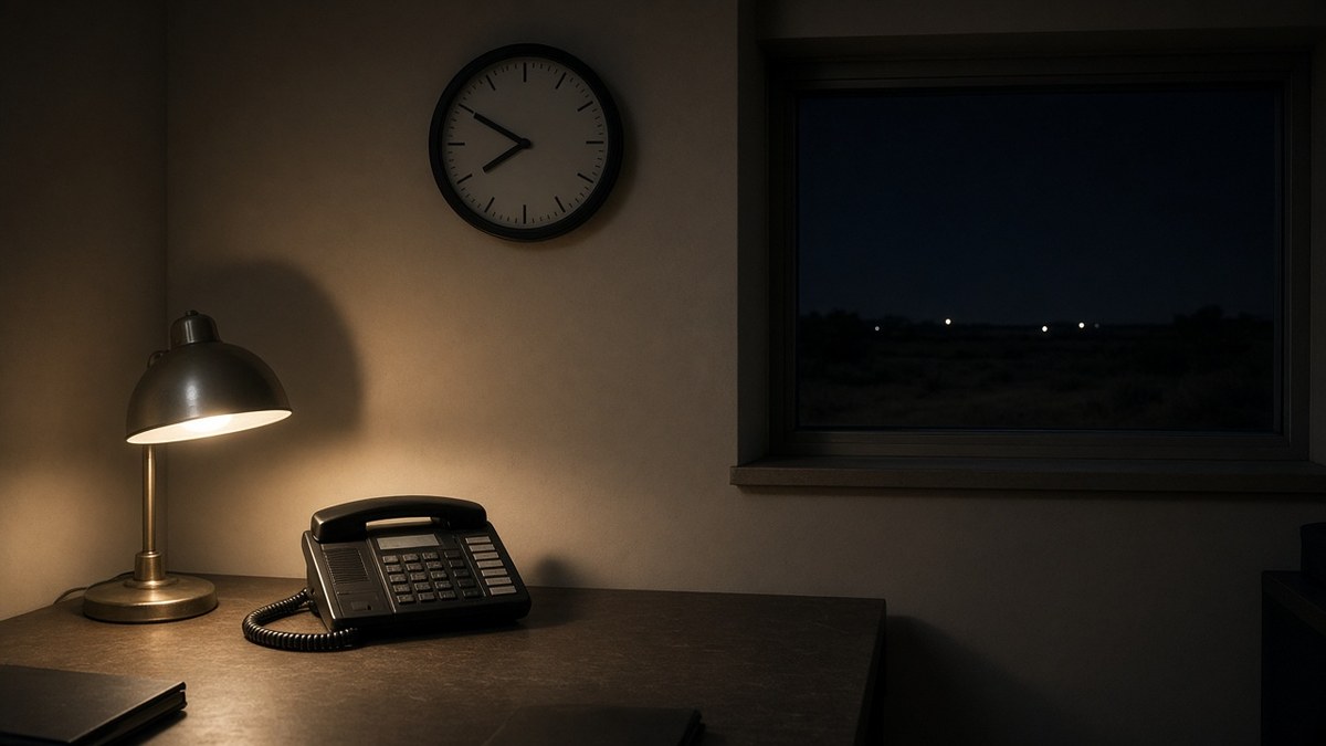 24-hour addiction help night desk with a telephone, a lamp, and a round analog clock