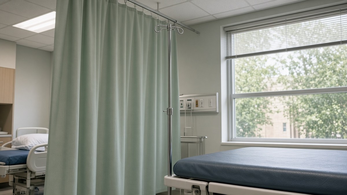Alcohol detox bay with a pale curtain, saline pole, and empty gurney in mixed light
