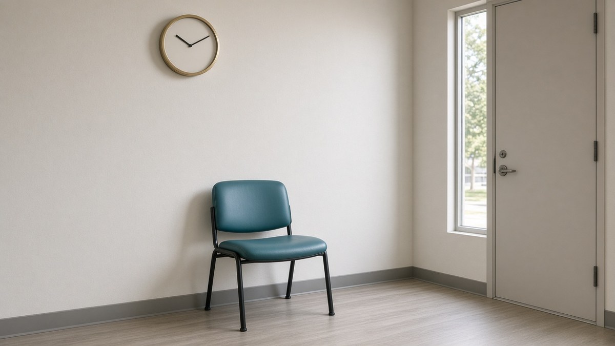 Drug detox observation chair under a round analog clock on a pale clinic wall