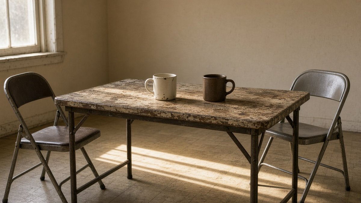 Help for drug addiction two empty mugs on a scarred folding table in sun stripes