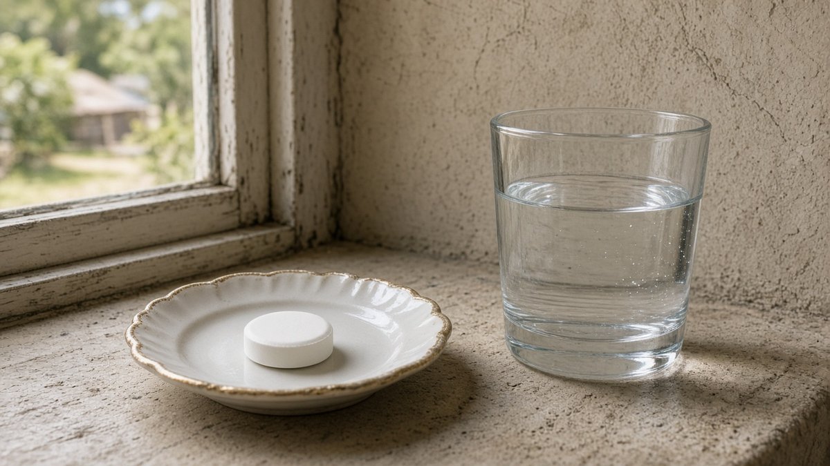 Help quitting alcohol round unlabelled tablet on a porcelain saucer by a water glass