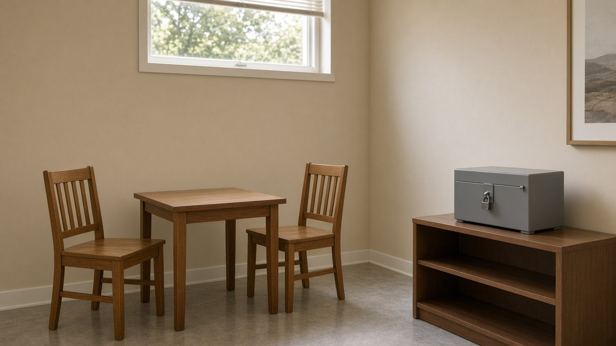 Help quitting drugs two counseling chairs and a closed unlabeled metal lockbox
