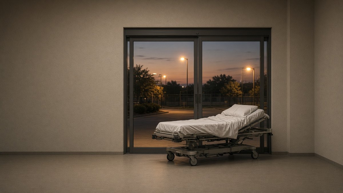 Immediate addiction treatment dusk sliding doors and an empty gurney in amber light