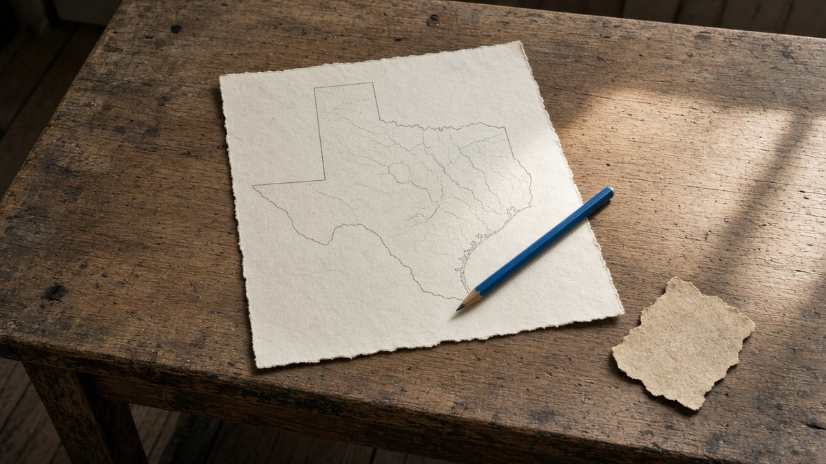 Texas paper map on a pecan wood table with a blue pencil in quiet daylight