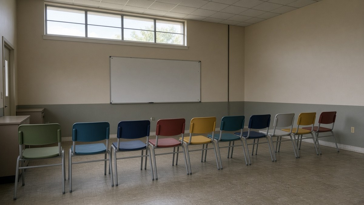 Outpatient rehab group room with a row of empty plastic stacking chairs in daylight