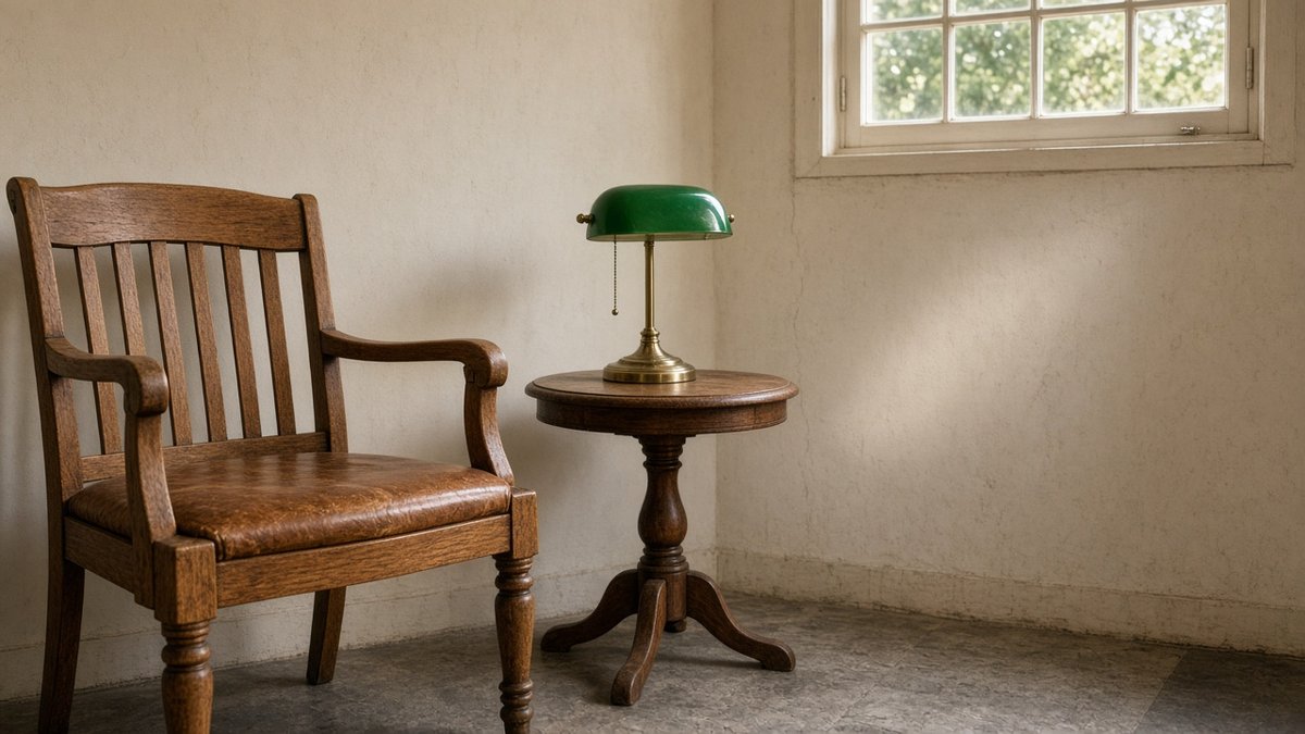 Private addiction treatment oak waiting chair and a brass lamp in a small Texas alcove