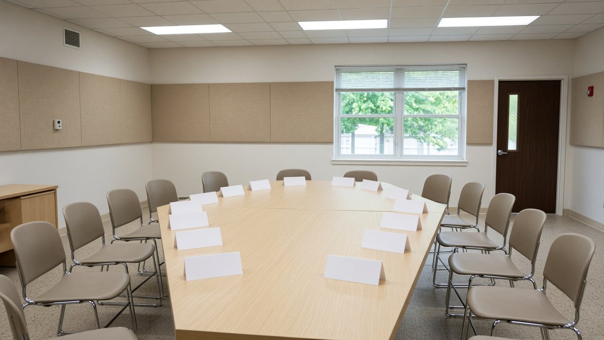 Rehab for adults group table with blank name tents and a ring of empty stacking chairs