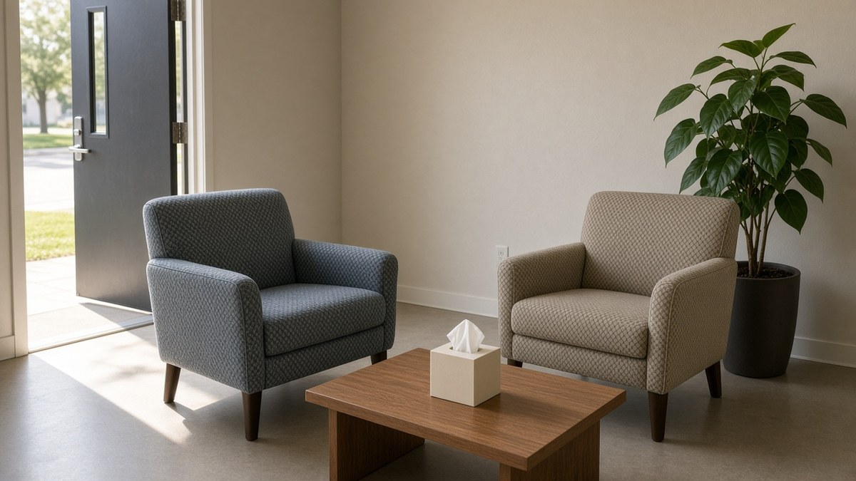Rehab for alcohol addiction waiting nook with two empty chairs and a tissue box