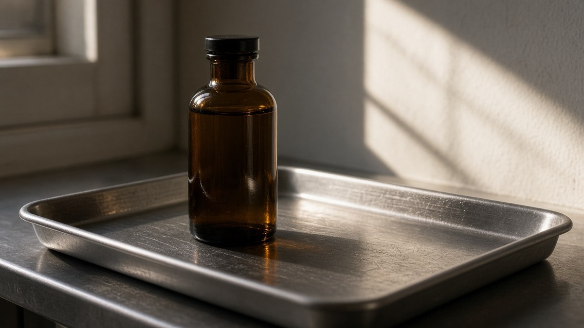 Rehab for drug addiction dosing tray with an unlabeled amber bottle in raking light