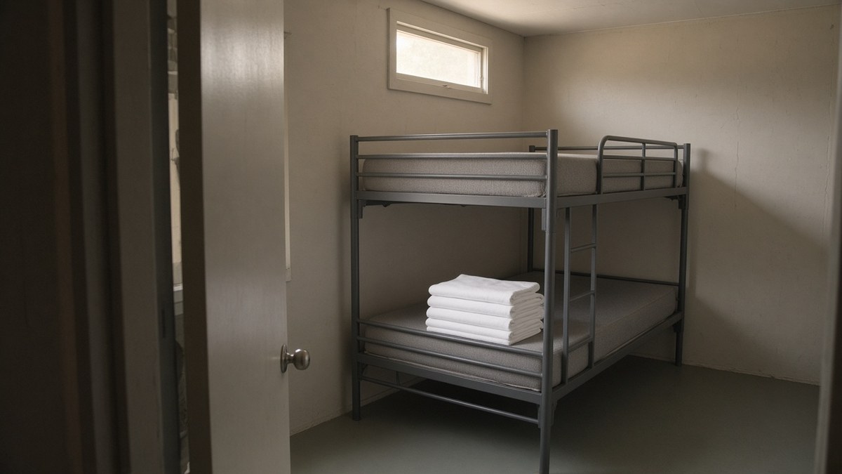 Residential rehab bunk room seen from the doorway, folded linens stacked on the lower bunk