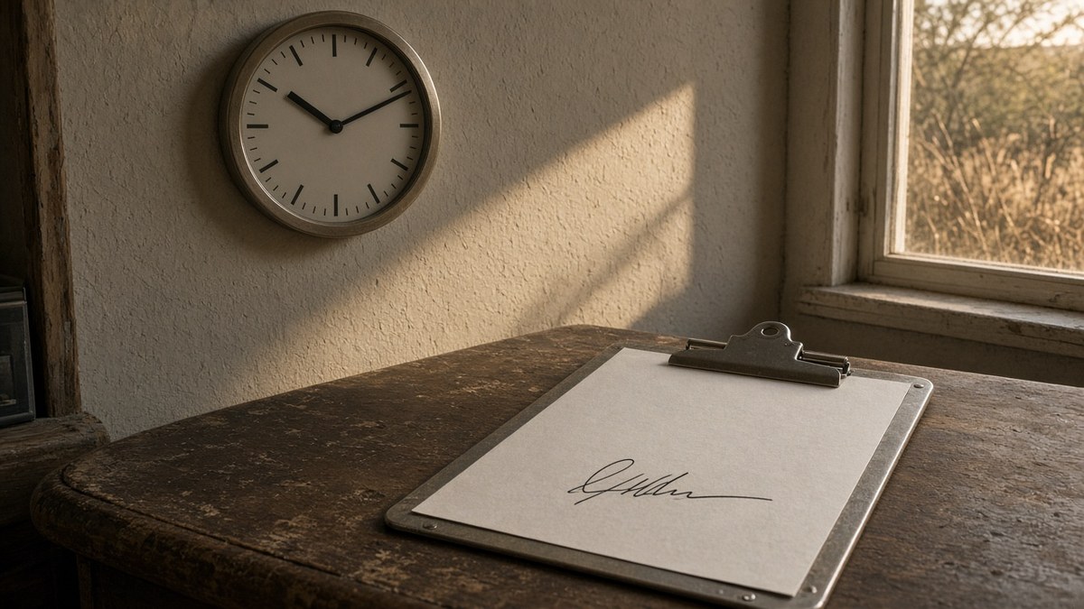 Same-day rehab admission clipboard with an ink scribble beside a round wall clock