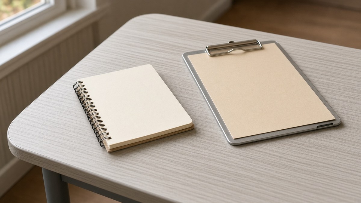 Substance abuse treatment desk with a youth notebook and a metal clinic clipboard