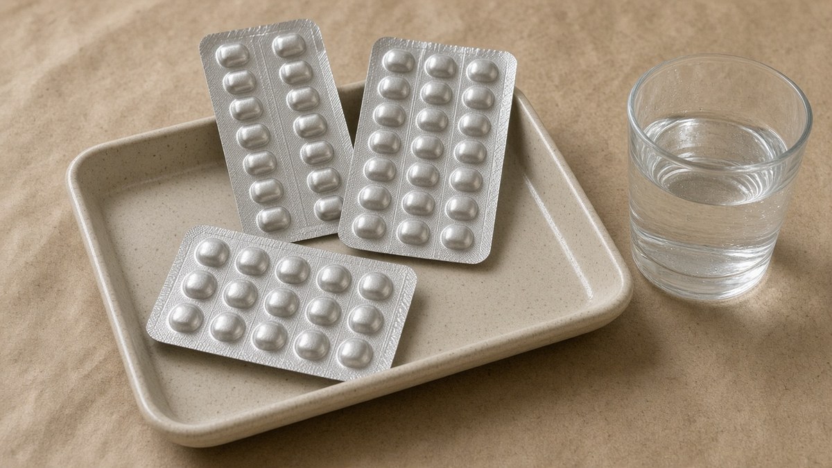 Treatment for alcoholism tray with three unprinted blister wallets and a water tumbler